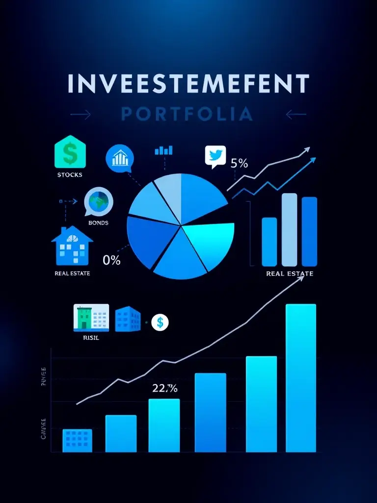A visually appealing graphic showcasing a diversified investment portfolio, including stocks, bonds, and real estate, with balanced risk allocation.