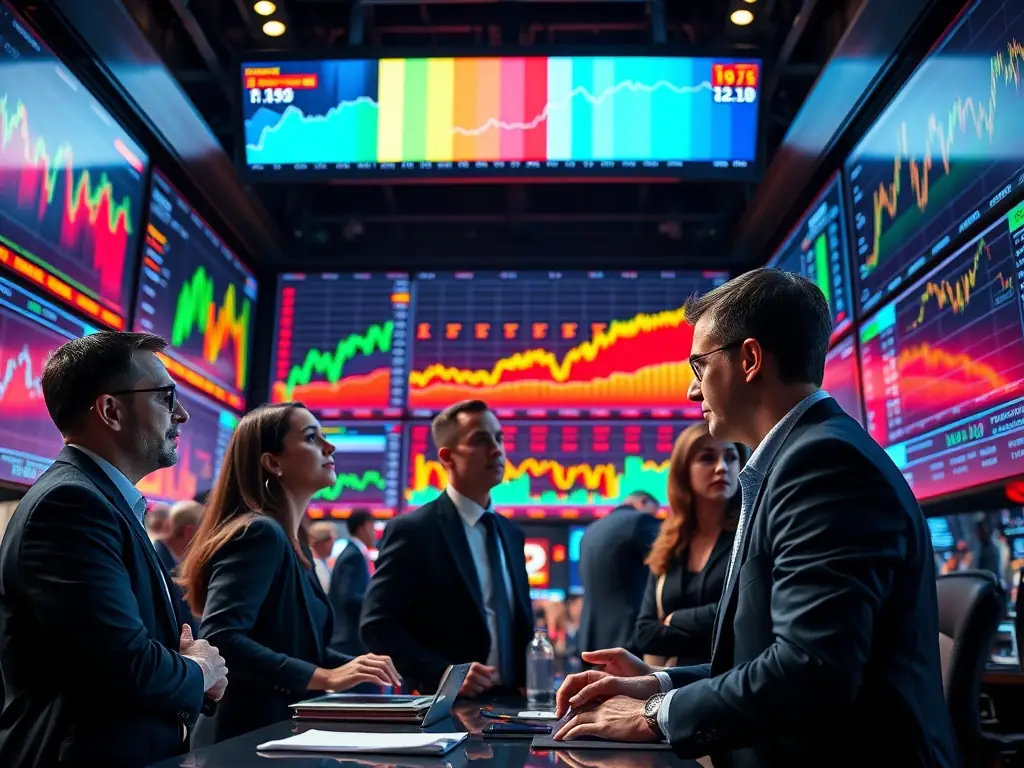 A team of investment analysts collaborating in a high-tech office, analyzing market trends and identifying strategic investment opportunities for long-term growth.