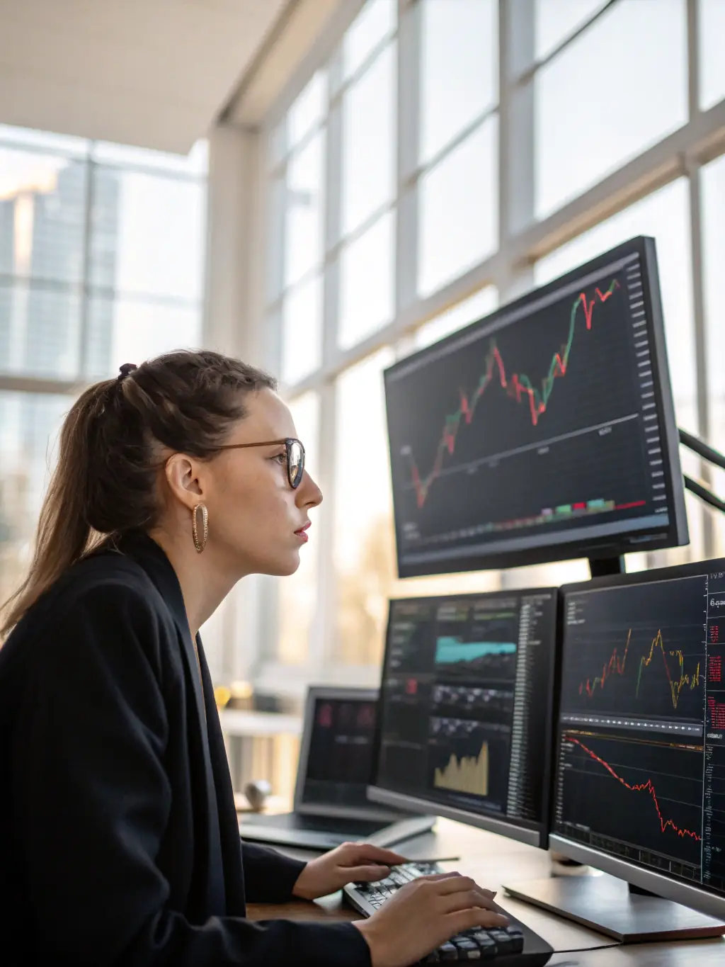 An image of a financial analyst reviewing market data and investment opportunities in a high-tech office environment, emphasizing strategic decision-making.