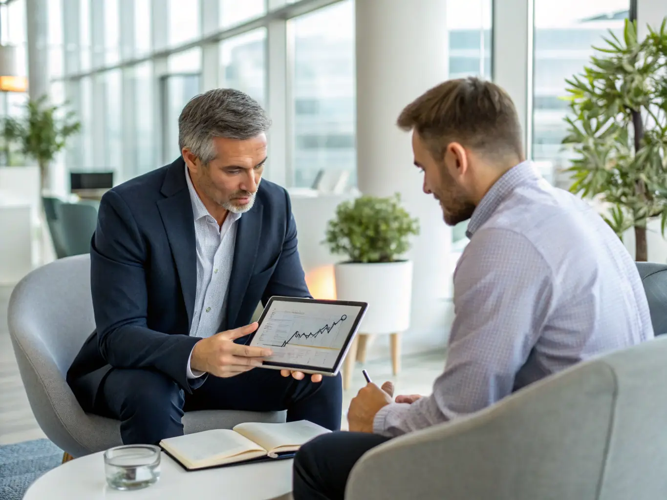 A sophisticated, well-dressed financial advisor in a modern office setting, discussing wealth management strategies with a high-net-worth client, emphasizing personalized service and trust.