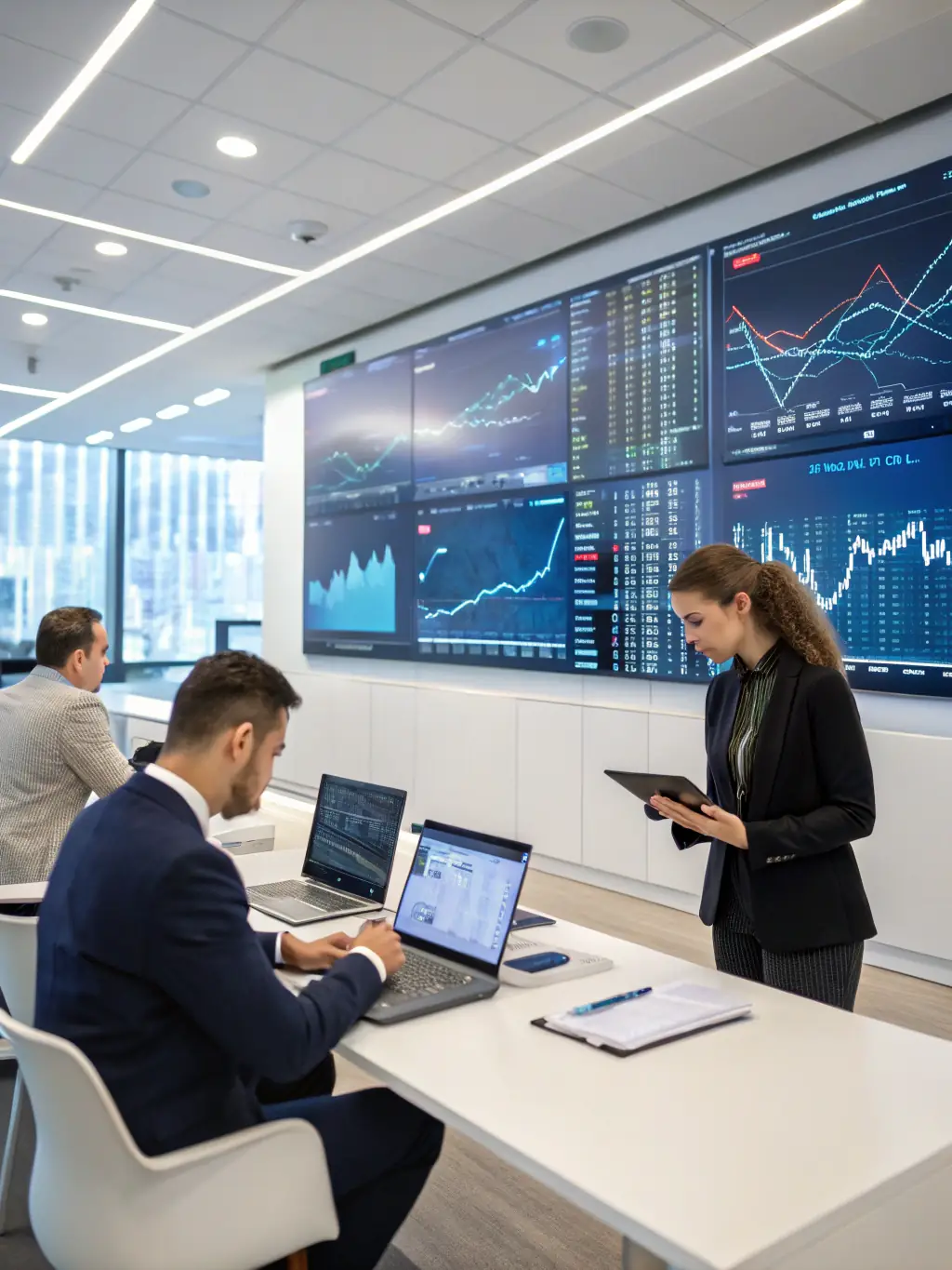 A modern office interior with financial charts displayed on a screen, symbolizing Rexton Ridge Capital's commitment to data-driven investment decisions.