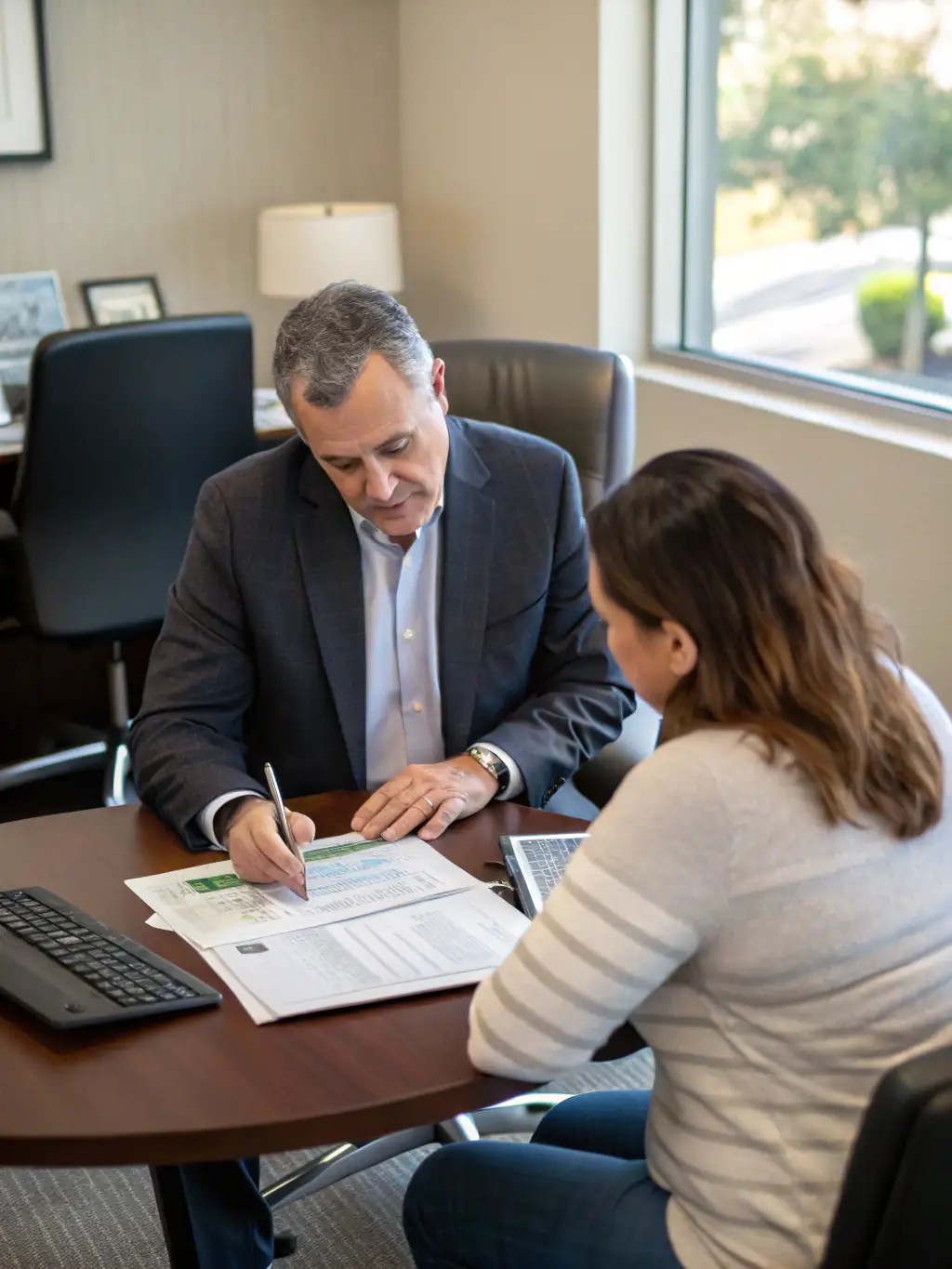 An image of a financial advisor discussing investment plans with a client in a modern office setting, representing Rexton Ridge Capital's wealth management service.